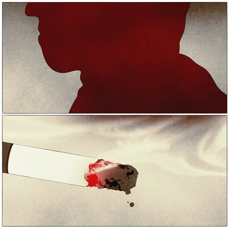 A red silhouette of a person’s profile and ash falling from the tip of a lit cigarette.