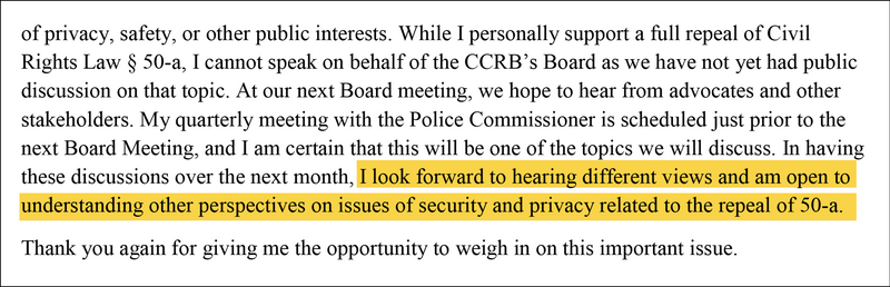 Highlighted text: I look forward to hearing different views and am open to understanding other perspectives on issues of security and privacy related to the repeal of 50-a.