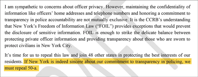 Highlighted text: If New York is indeed sincere about our commitment to transparency in policing, we must repeal 50-a.