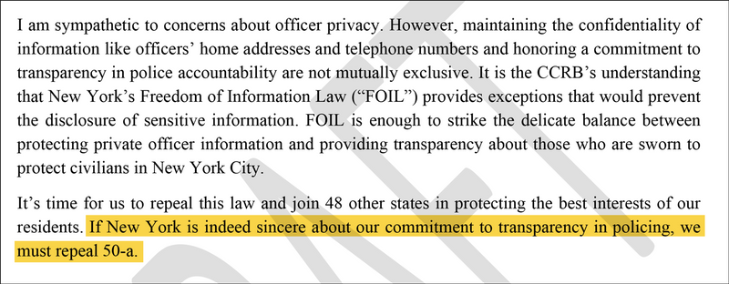 Highlighted text: If New York is indeed sincere about our commitment to transparency in policing, we must repeal 50-a.