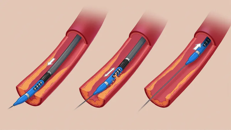 An illustrated cross-section of an artery in which a tube with an open area is inserted. Plaque goes into the opening and is removed from the artery.