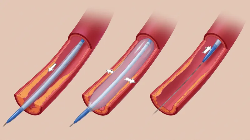 An illustrated cross-section of an artery in which a small balloon is inserted, then inflated, then removed, leaving plaque compressed and the artery more open.
