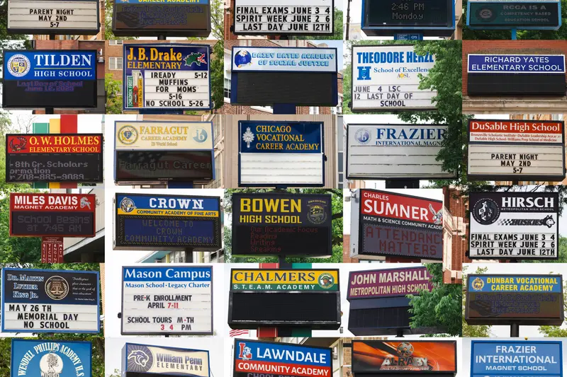 A collage showing a variety of school marquees, including a number of mundane announcements, several where the message area is blank and one that says “Attendance matters” in all caps.