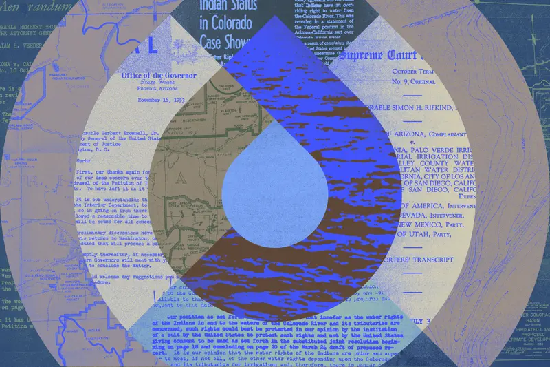 A stylized water drop made from a collage of court and other documents.
