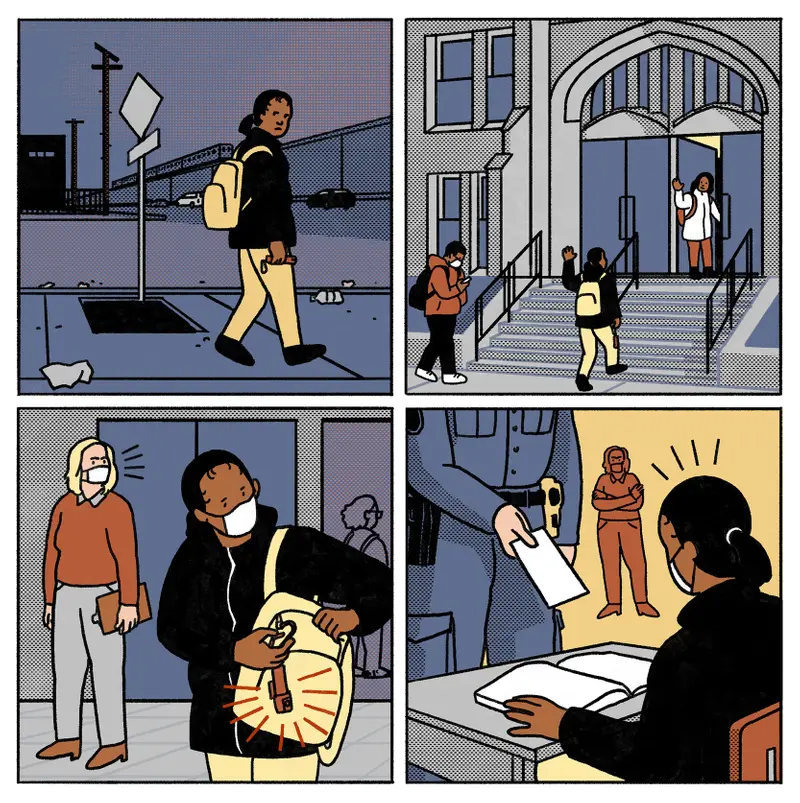 A four-panel illustration of a teen carrying a small red tube to school, a teacher spotting it and the teen being ticketed.