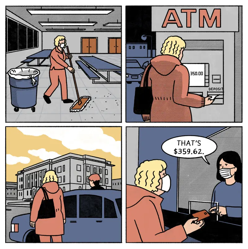 A four-panel illustration of a woman sweeping floors, depositing $350 at an ATM, then being asked for $359.62 to pay a fine.