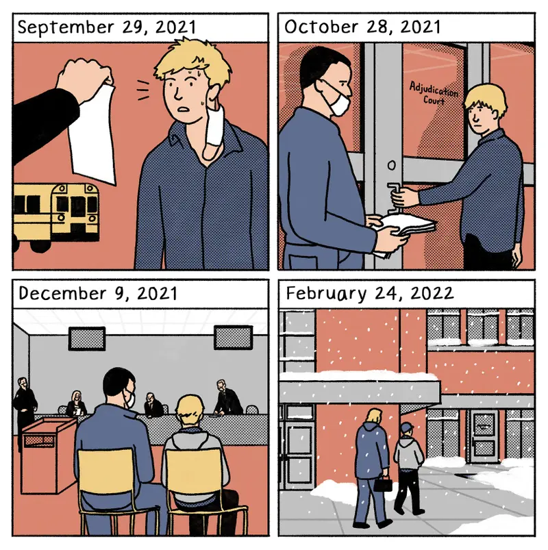 A four-panel illustration of Nathan being ticketed in September 2021 and going to court in October, December and February.