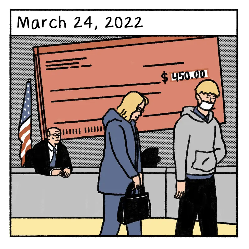 A single-panel illustration of Nathan leaving court in March with a $450 bill.