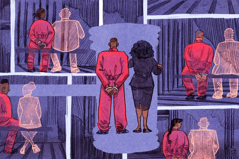 An illustration shows a Black man wearing a red jail jumpsuit and handcuffs standing next to a Black woman lawyer in a black skirt suit. Other defendants in jumpsuits sit around them, beside translucent outlines of lawyers.