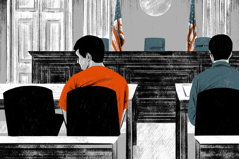 An illustration of a courtroom where a defendant dressed in orange sits at a table and looks at an empty seat beside him.