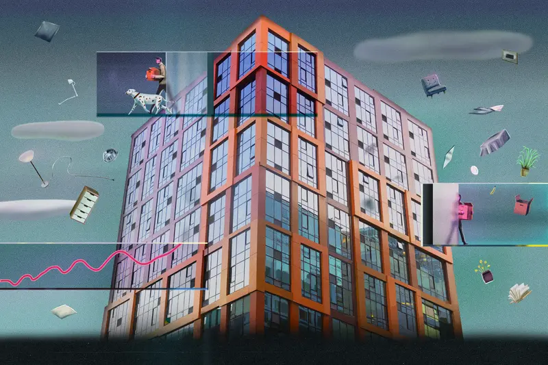 An illustration of the Olume building surrounded by people carrying boxes and household items floating in midair.