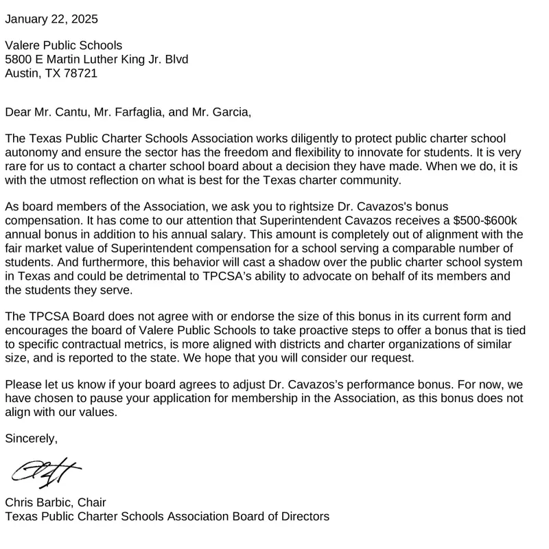 A PDF of a letter from the Texas Public Charter Schools Association Board of Directors