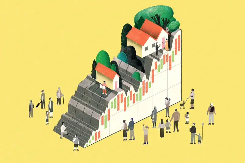 People stand by a hill made of a rising line graph, with houses on top of it.