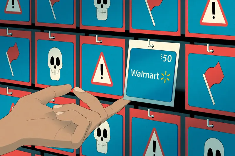A hand selects a Walmart gift card from a display