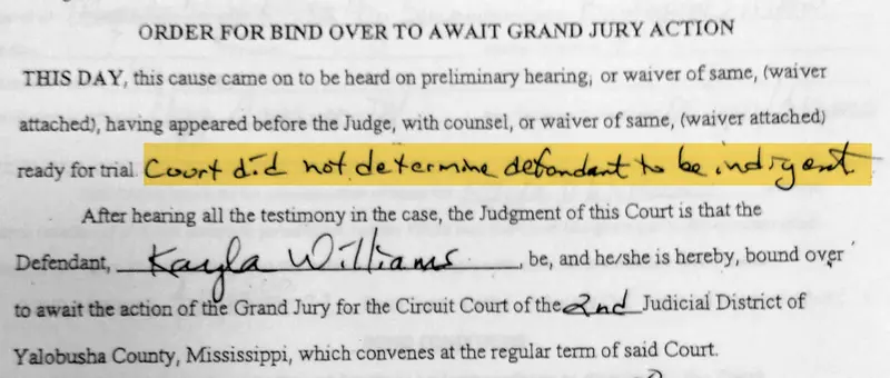 A highlighted portion of a court order reads, “court did not determine defendant to be indigent.”