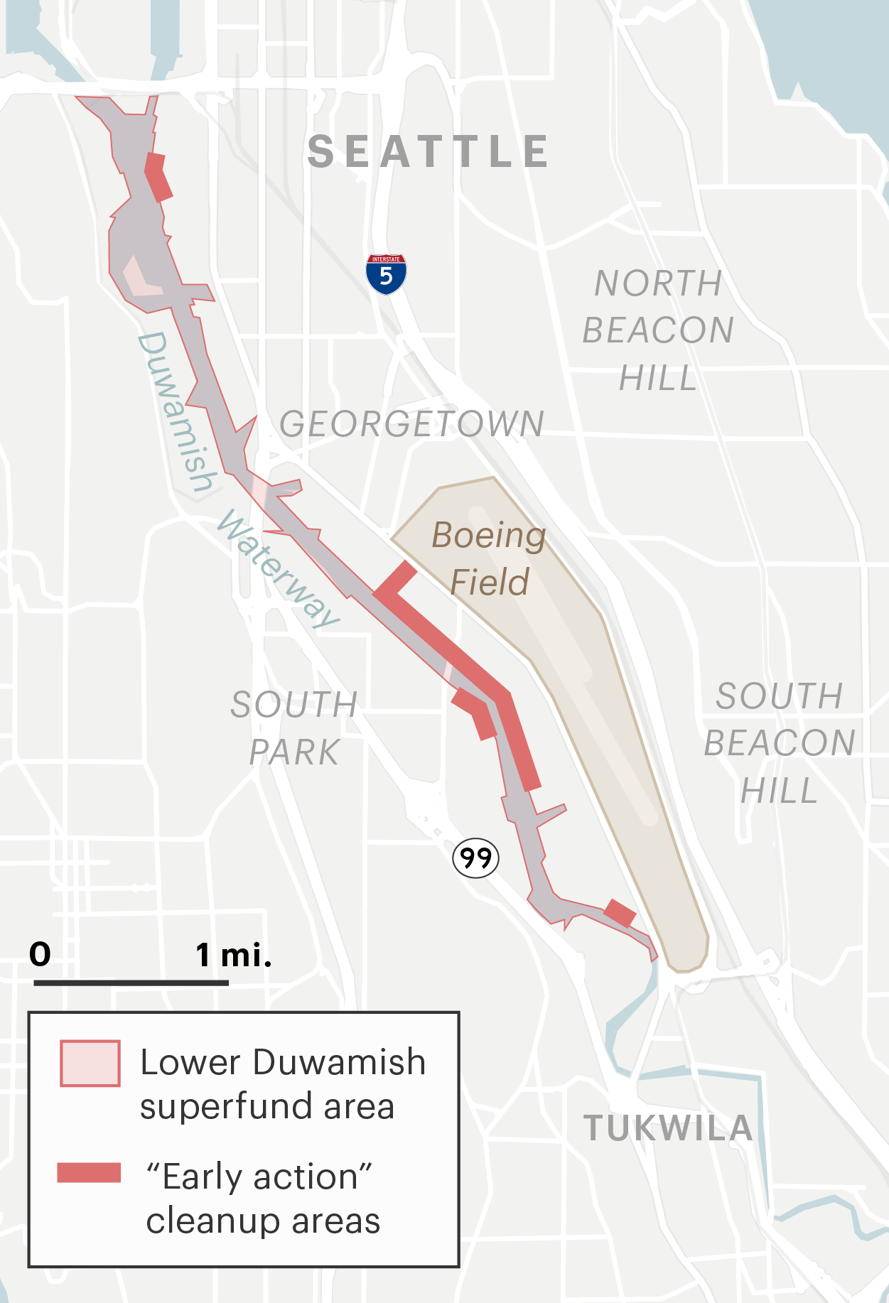 A map shows Duwamish Waterway in Seattle. Part of the waterway is outlined in red, indicating the entire superfund area. Smaller portions of the waterway are solid red, indicating the 