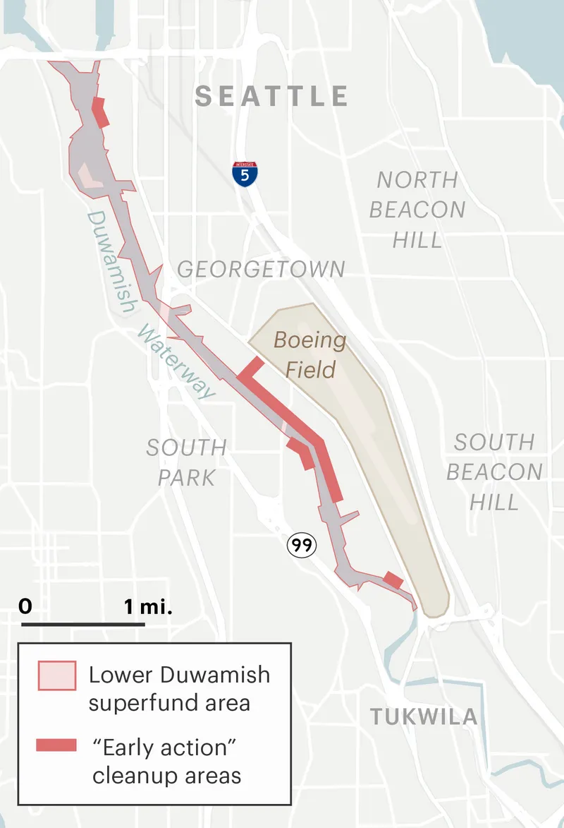 A map shows Duwamish Waterway in Seattle. Part of the waterway is outlined in red, indicating the entire superfund area. Smaller portions of the waterway are solid red, indicating the "early action" cleanup areas.
