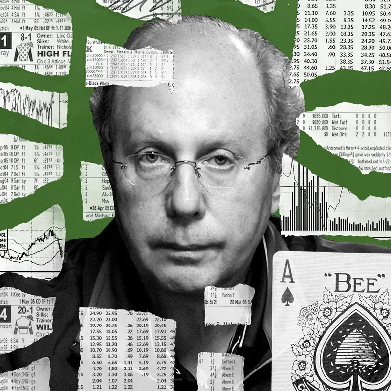 A photo collage showing Jeffrey Yass surrounded by scraps of paper from racing programs, playing cards, and options trading software.