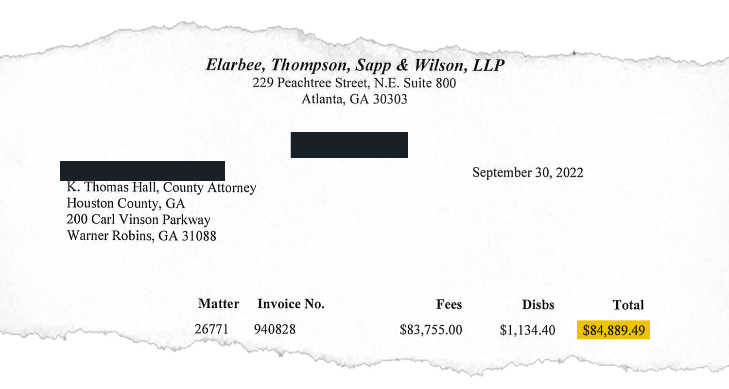 Part of a document showing that the law firm of Elarbee, Thompson, Sapp & Wilson billed $84,889.49.