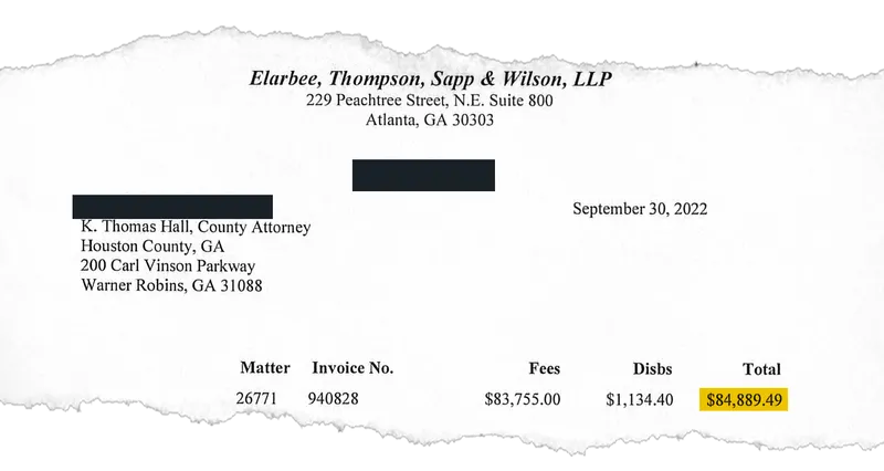 Part of a document showing that the law firm of Elarbee, Thompson, Sapp & Wilson billed $84,889.49.