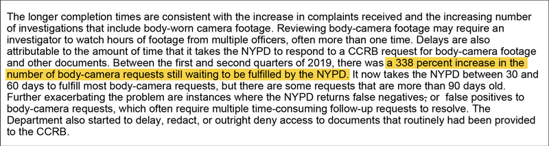 Highlighted text: a 338 percent increase in the number of body-camera requests still waiting to be fulfilled by the NYPD.