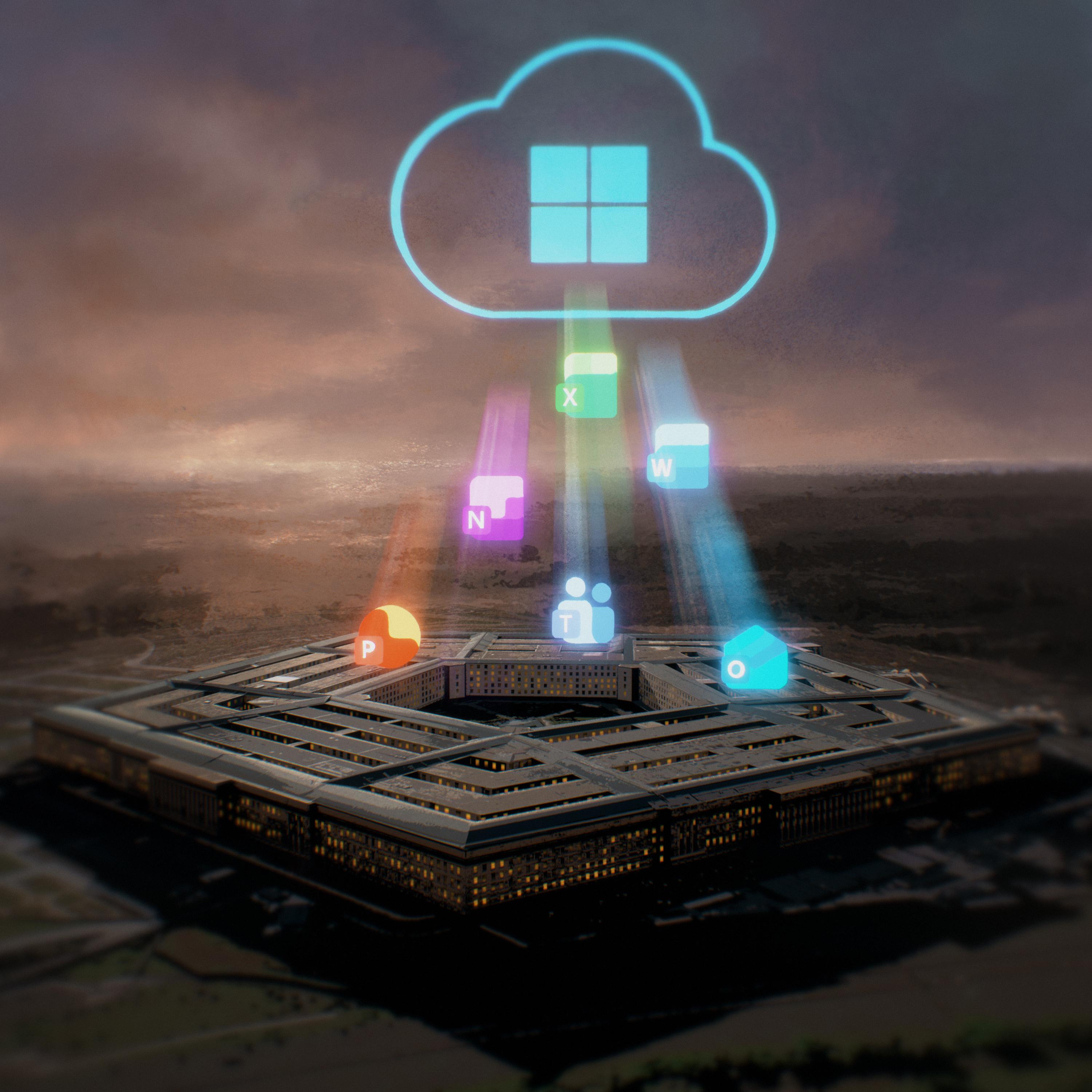 An illustration showing an ominous view of a Microsoft cloud hovering over the Pentagon, with logos for different Microsoft products raining down onto the Pentagon.